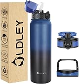OLDLEY 1L Stainless Steel Water Bottle with 3 Lids Blue Black Vaccum Insulated