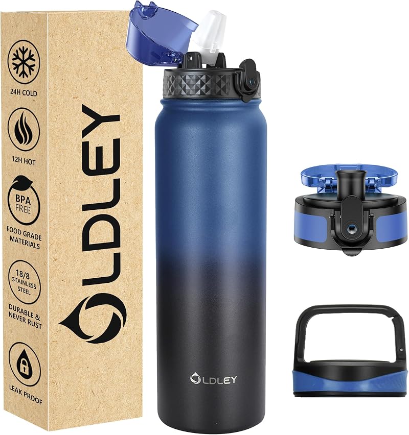 OLDLEY 1L Stainless Steel Water Bottle with 3 Lids Blue Black Vaccum Insulated