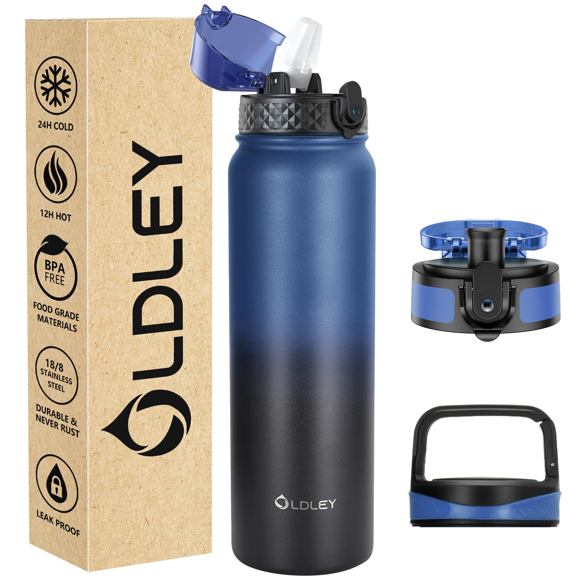 OLDLEY Stainless Steel Water Bottle with Straw 1L Vaccum Insulated Large Drink Flask Metal Water Bottles 1 Litre Leakproof Keep Drinks Hot Cold for Sports Gym with Different Lids(Blue Black, 3 Lids)