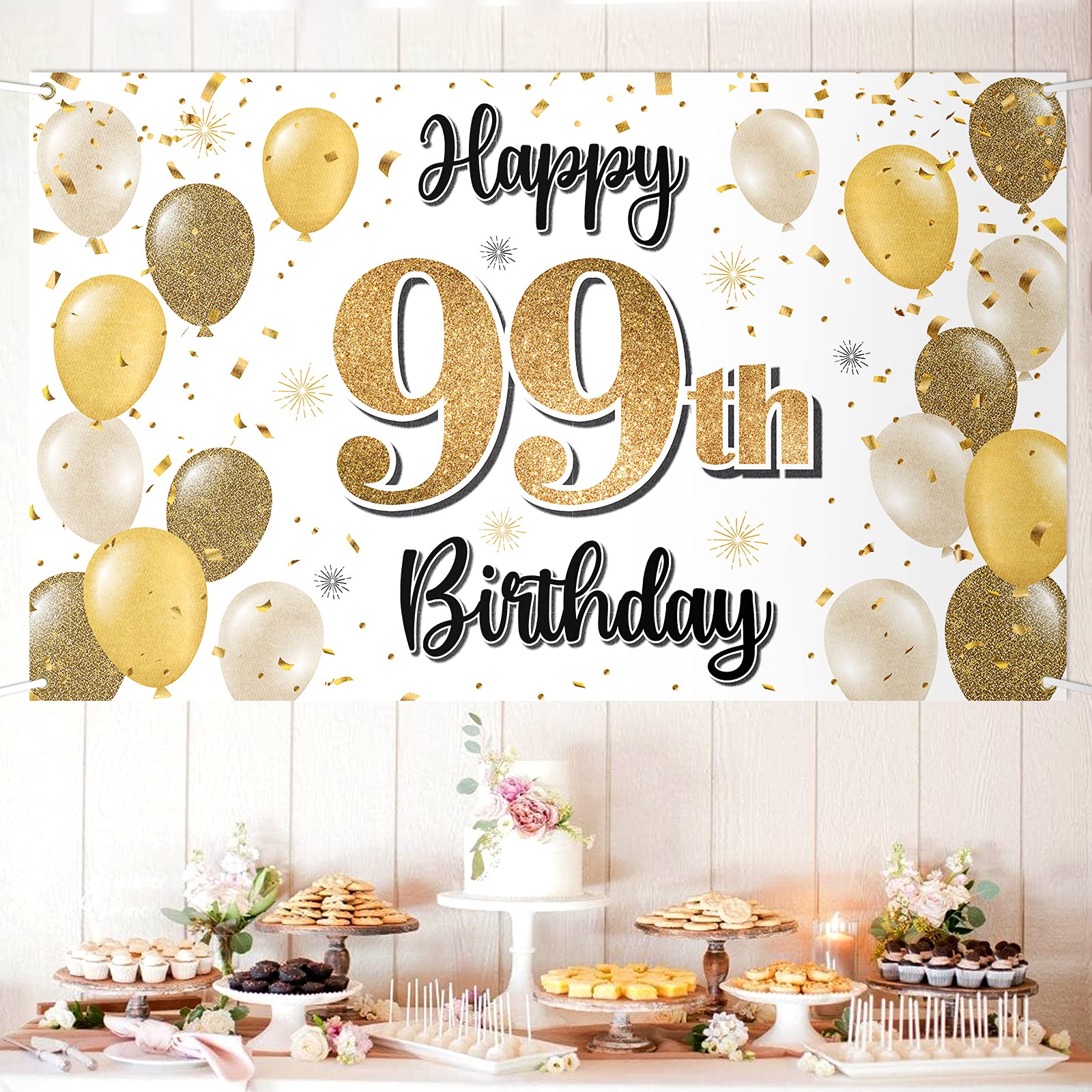 Photo 1 of LASKYER Happy 99th Birthday Decorations,99th Gold Balloon Large Birthday Banner Backdrop Sign,99 Years Old Bday Party Supplies.