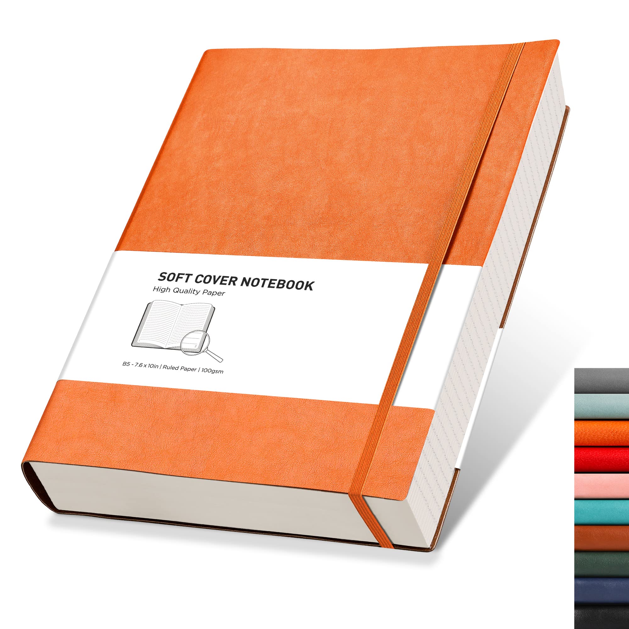 RETTACY College Ruled Notebook - 320 Numbered Pages Large B5 Lined Journal Notebook, 100gsm Thick Lined Paper, Faux Leather Softcover, for Women Men Work School, 19 x 25 cm - Orange