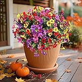 XccJLYB Artificial Flowers Outdoor UV Resistant Fake Plants, 12 Bundles Silk Daisy in Pots for Porch Patio Garden, Faux Potted Home Decor for Outside (Mix Pink, Red, Purple, Yellow)