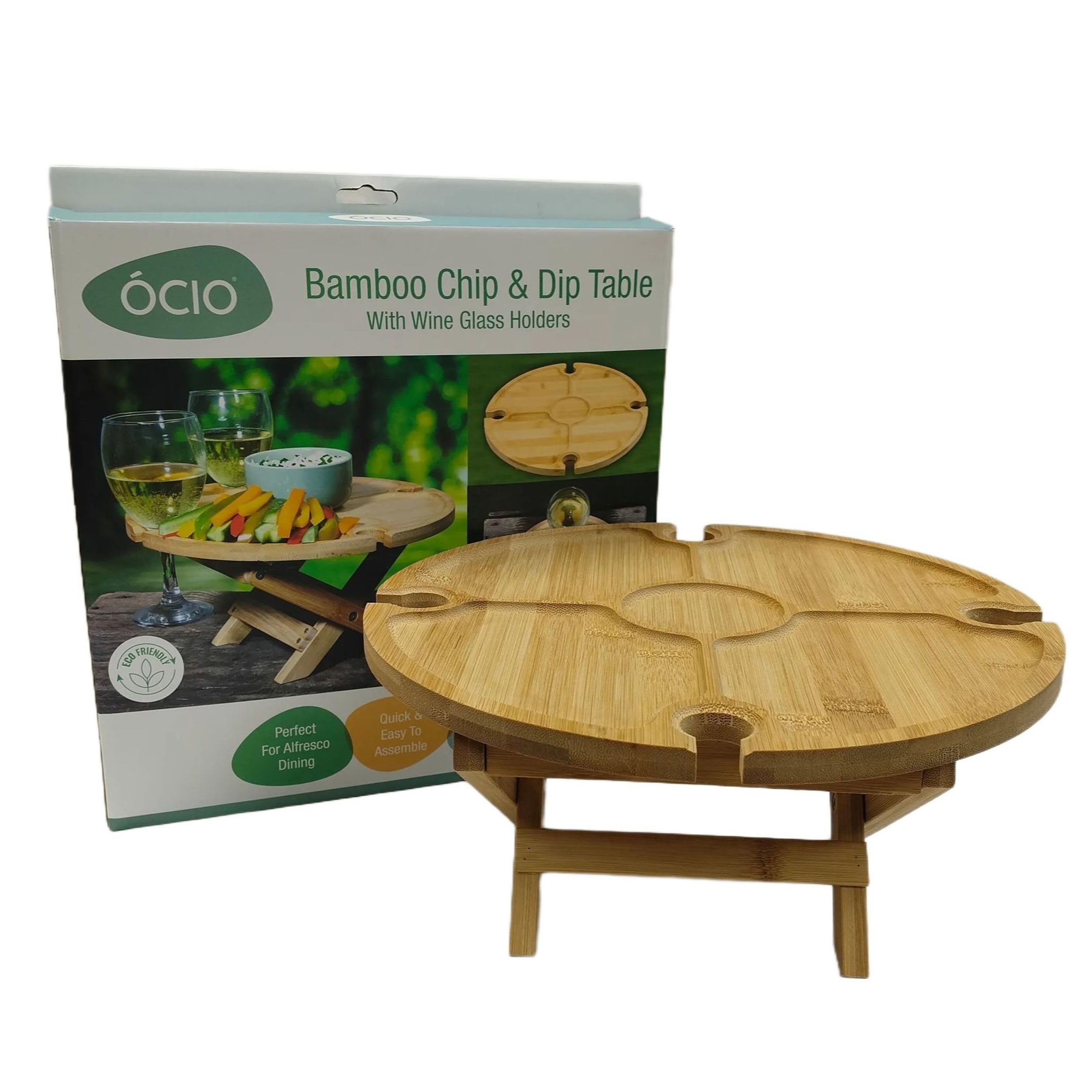 Summit BAMBOO FOLDING CHIP N DIP TABLE W/WINE GL HOLDERS, Camping, Glamping, Festivals, Garden Party, Outdoor dining