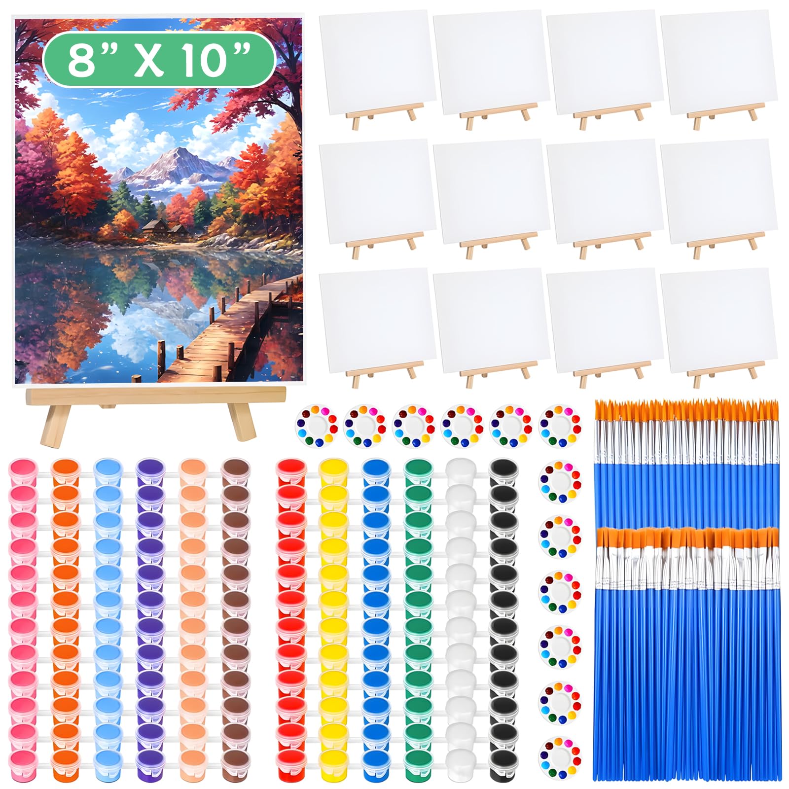 Photo 1 of 120pcs 8x10 Inch Painting Supplies Kit, 12Pack Art Canvas Bulk with Easel Stand, 12 Colors Mini Acrylic Paint Set, Small Paint Brushes, Paint Trays, Painting Kit