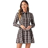 Allegra K Women's Christmas Tartan Plaid High Waist A-Line Button Up Flannel Flared Shirt Dress