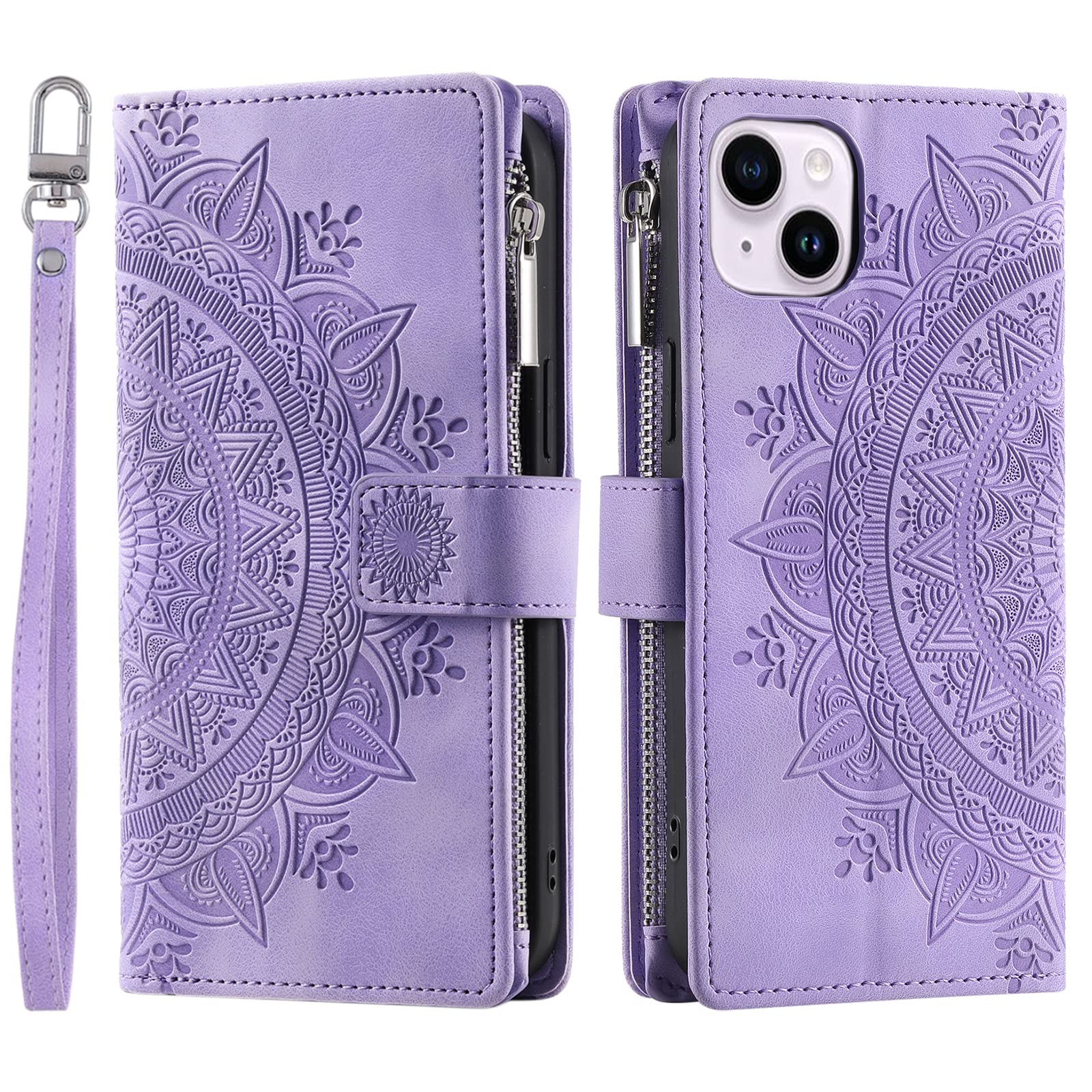 VEEMOS Wallet Case for iPhone 15 Plus Flower Flip Case Protective Leather Folio Book Phone Cover with Card Slots Kickstand Zipper Pocket - Purple