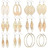 XIJIN 12 Pairs Gold Drop Dangle Earrings Set Long Leaf Earrings Vintage Statement Hoop Earrings for Women