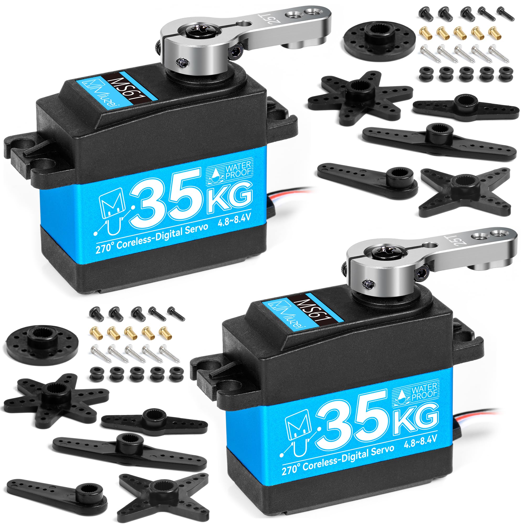 Miuzei Servo 35kg 270° RC Coreless Motor Digital Servo Waterproof Metal Gear Motor Stainless Steel Gear Car 1/8 1/10 Robot Arm Aeroplane 8.4V High Speed Torque Steering Servo with Cable 25T Horn