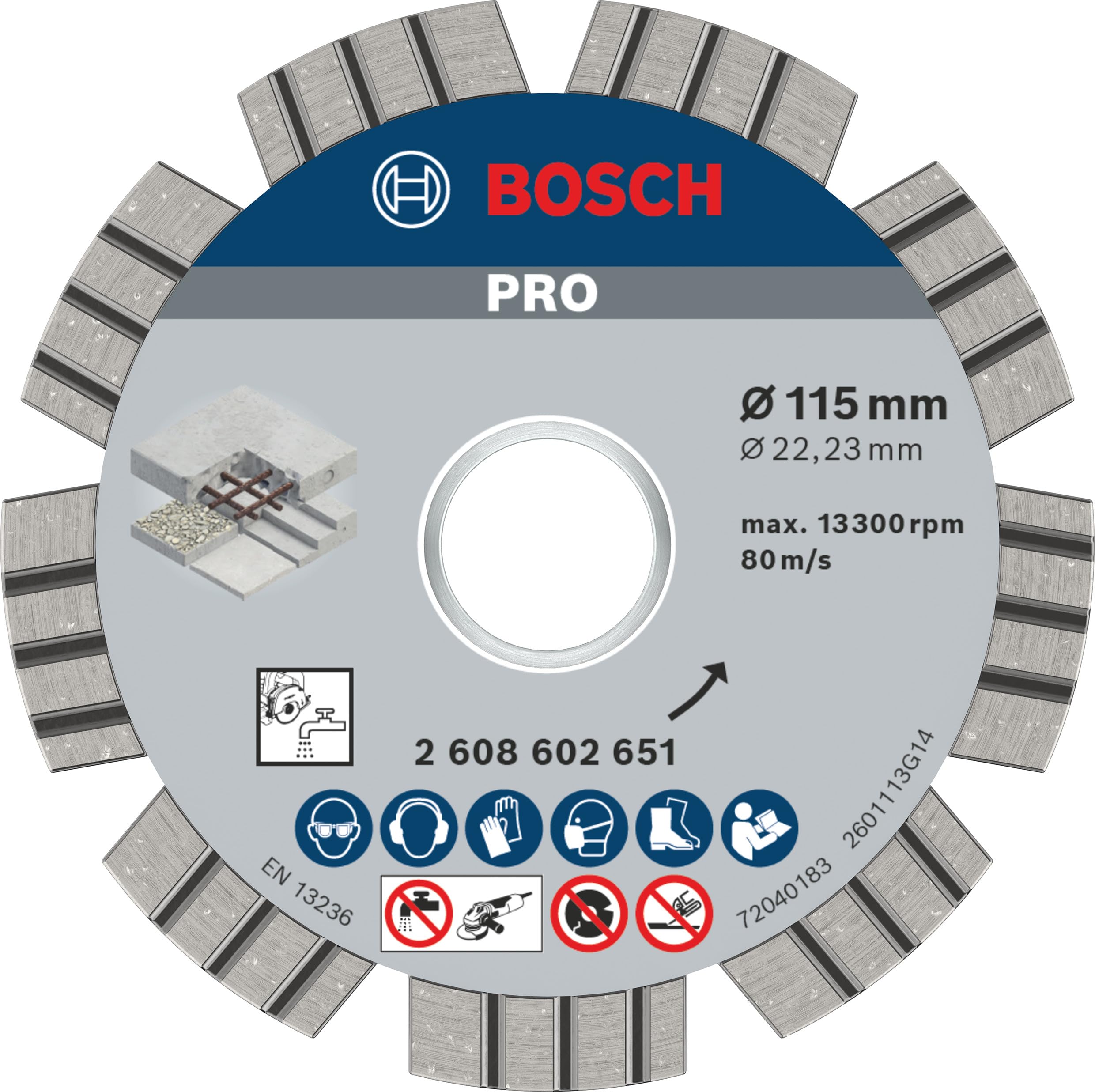 Bosch 1x PRO Concrete Diamond Cutting Disc for Bore 22.23 and Small Angle Grinders (for Concrete, Reinforced concrete, Ø 115 mm, Professional Accessory Small Angle Grinder)