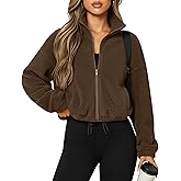 Riyiper Women's Fleece Jacket Cropped Zip Up Lightweight Sweatshirts Stand Collar Winter Sherpa Long Sleeve Coat 2025 Trendy(Brown,Small)