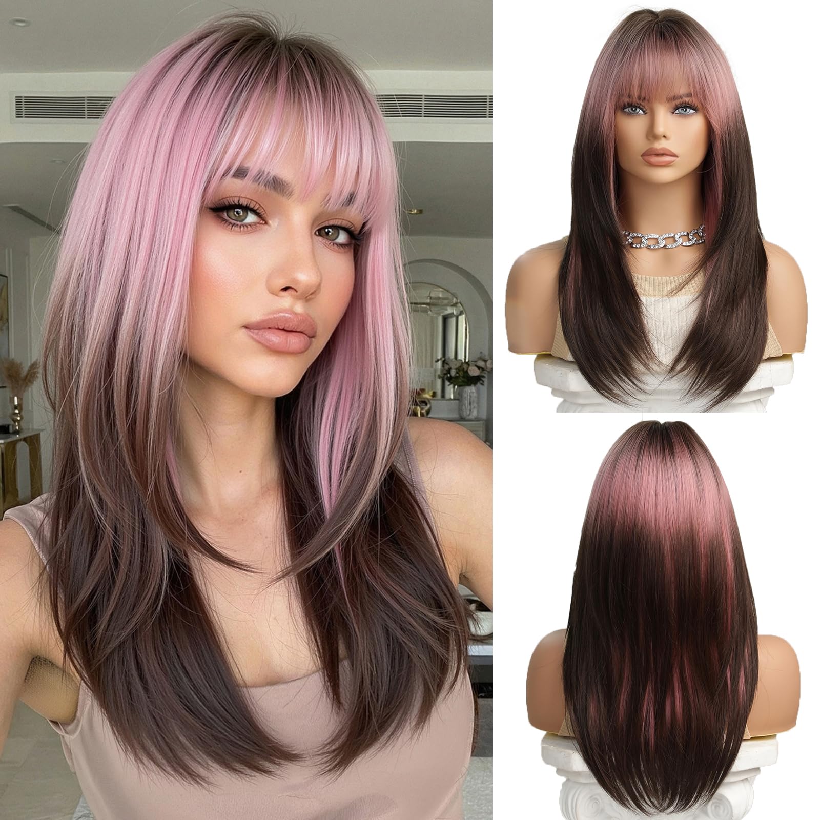 OUFEI Pink Brown Ombre Wig with Bangs Long Straight wigs for Women Short Layered Wigs Synthetic Hair Heat Resistant Wigs for Daily Party Cosplay Wear — image 1