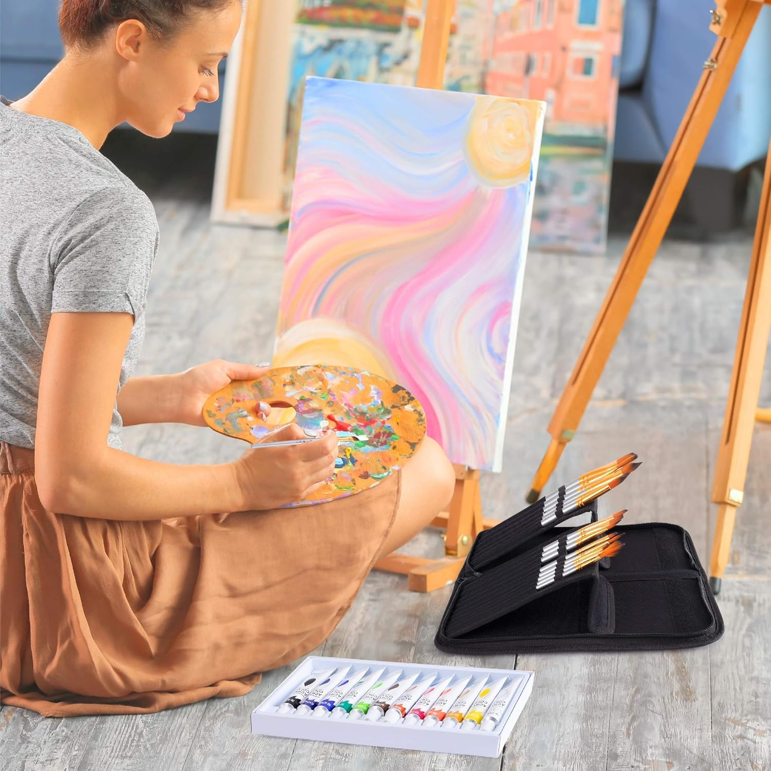 Acrylic Paint Brush Set With 15 Paint Brushes For Acrylic Painting And Bonus 12 Color Acrylic Paint Set