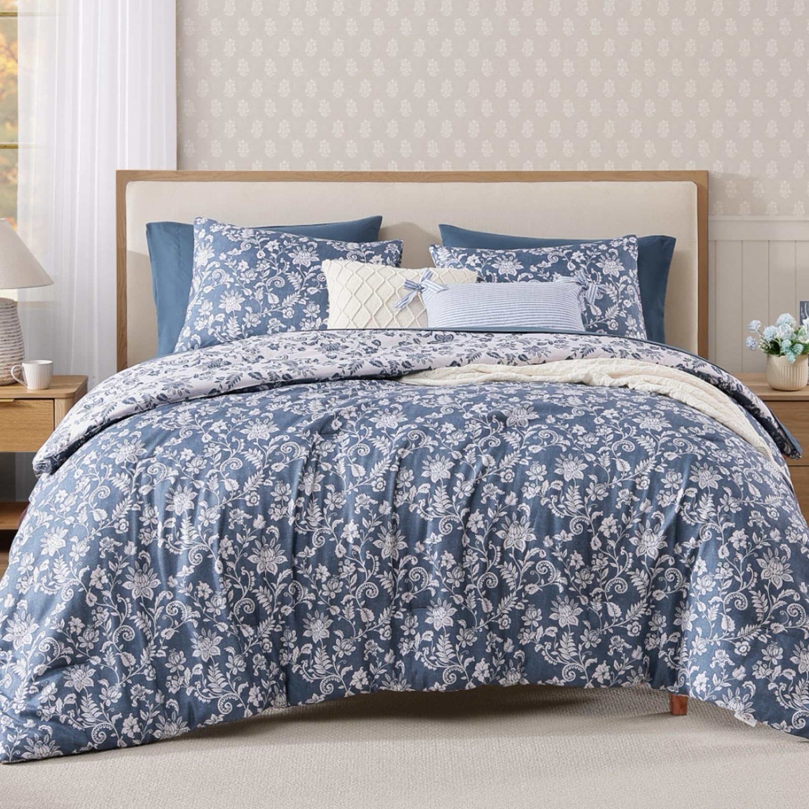 BLOOMHAVEN Full Comforter Set -7 Pieces Floral Oxford Blue Comforter Set for All Seasons, Bed in a Bag Full with Botanical Flowers Comforter, Sheets, Pillowcases & Shams Image
