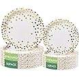 Round Disposable Paper Plates for All Occasions - 100 Pack - 50 x 9" and 50 x 7" Dinner Plates, Golden Foil Polka Dots , White and Gold Party Supplies