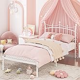 Merronix Twin Bed Frames for Kids, Twin Size Bed with Crown-Shaped Headboard Easy Assembly No Box Spring Needed Heavy Duty Metal Platform,White