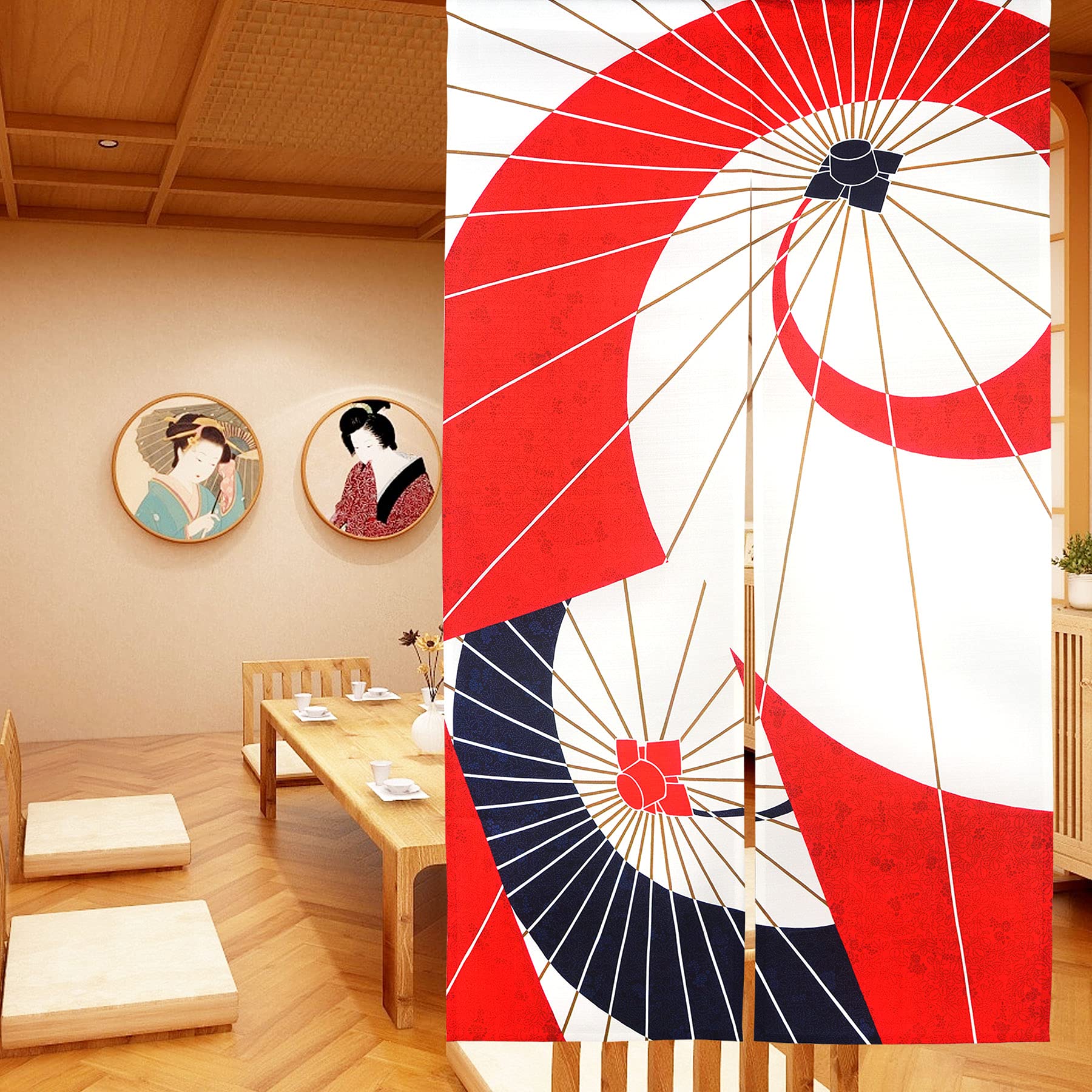 LIGICKY Japanese Noren Curtain Japanese Style Doorway Curtain Panels Traditional Red and White Umbrella Printed Door Tapestry Room Divider Curtains for Kitchen Sushi, 33.5" Width x 59" Long