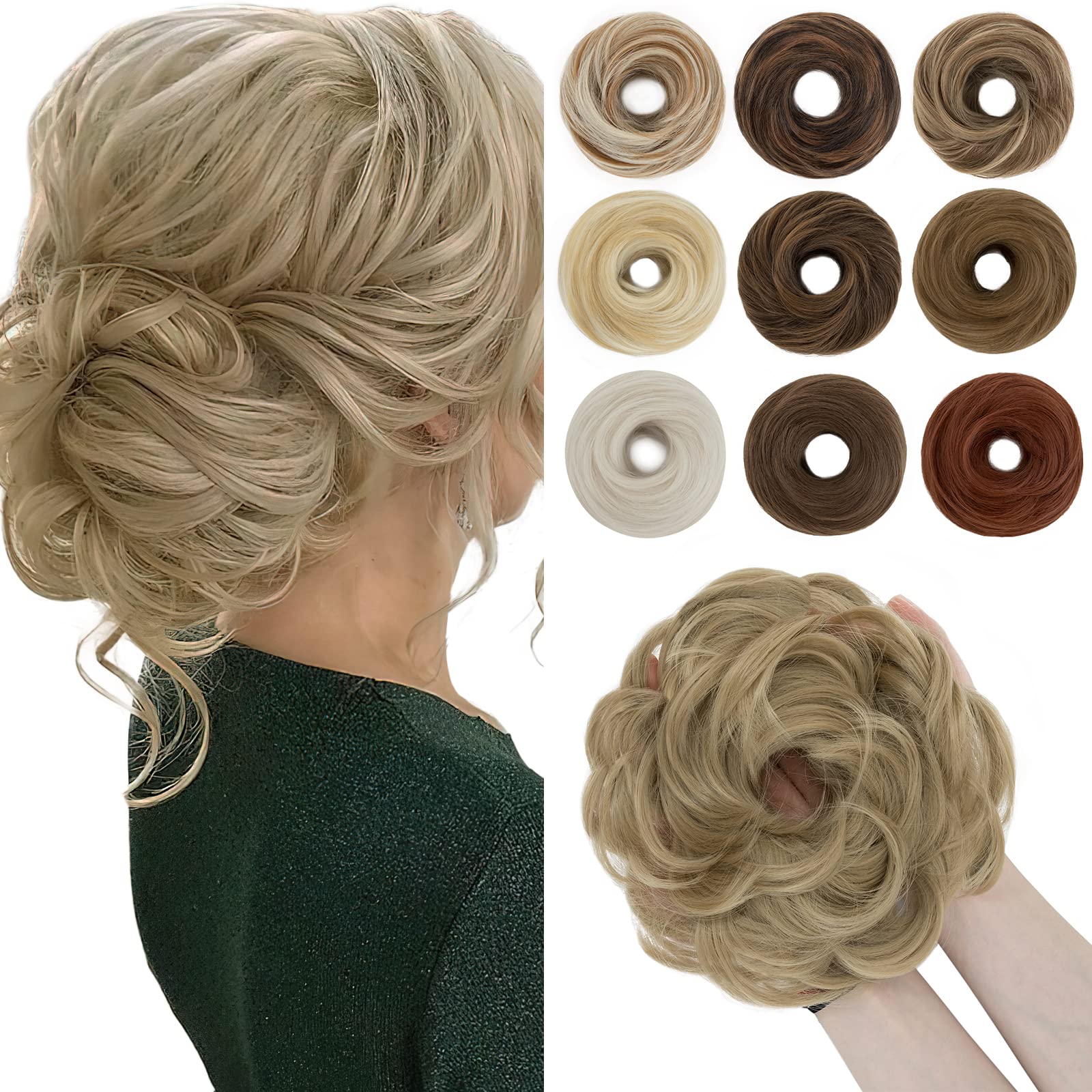 SEGO 55g Messy Bun Fluffy Tousled Updo Scrunchies Synthetic Thicker Hair Bun Hair Piece For Women Donut Easy Bun Hairpiece, Ash Blonde, 1 Count