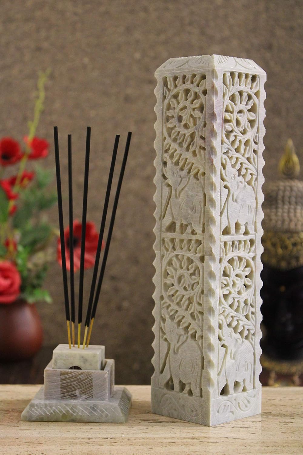 Carry Me Handmade Marble Soapstone Incense Stick Burner, Natural, Square