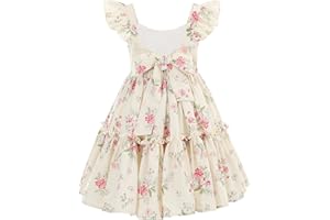 Flofallzique Floral Girls' Dress Summer Ruffle Sleeve Tie Back Casual Boho Sundress for Birtrhday Tea Party