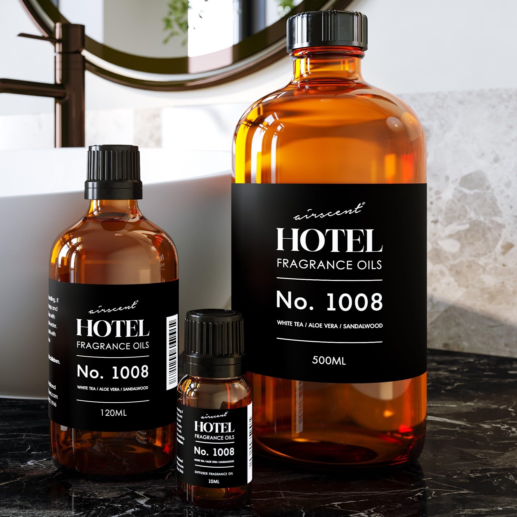 AirScent Hotel Diffuser Oil No. 1008 - White Tea, Aloe Vera & Sandalwood - Hotel Scent Dupe - Premium Fragrance Oil for Ultrasonic and Waterless Diffusers and Crafting - 10 mL, .34 fl oz Glass Bottle