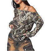 SOLY HUX Women's Camo T-Shirts Long Sleeve Cold Shoulder Loose Tee Shirts Vintage Streetwear