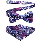 HISDERN Bow Ties for Men Paisley Floral Pre-tied Bowtie Pocket Square Set Men's Formal Bow Ties Wedding Party