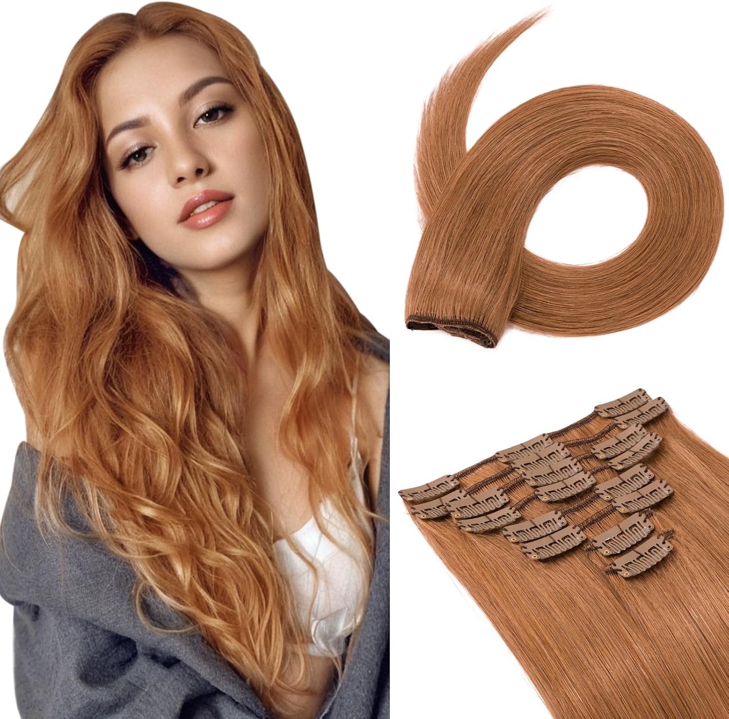 Benehair Clip on Hair Extensions Real Human Hair Auburn Hair Extensions Clip in Human Hair Long Straight Remy Natural Full Head 8pcs 20inch #30 Light Auburn