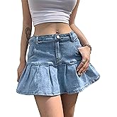 Tanming Women's Pleated Jean Skirt Casual A-Line Ruffle Y2K Mini Denim Skirt