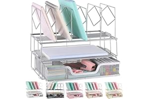 gianotter Desk Organizers and Accessories, Office Supplies Desk Organizer with Sliding Drawer, Double Tray and 5 Upright Section ​File Sorter Organizer (Silver)