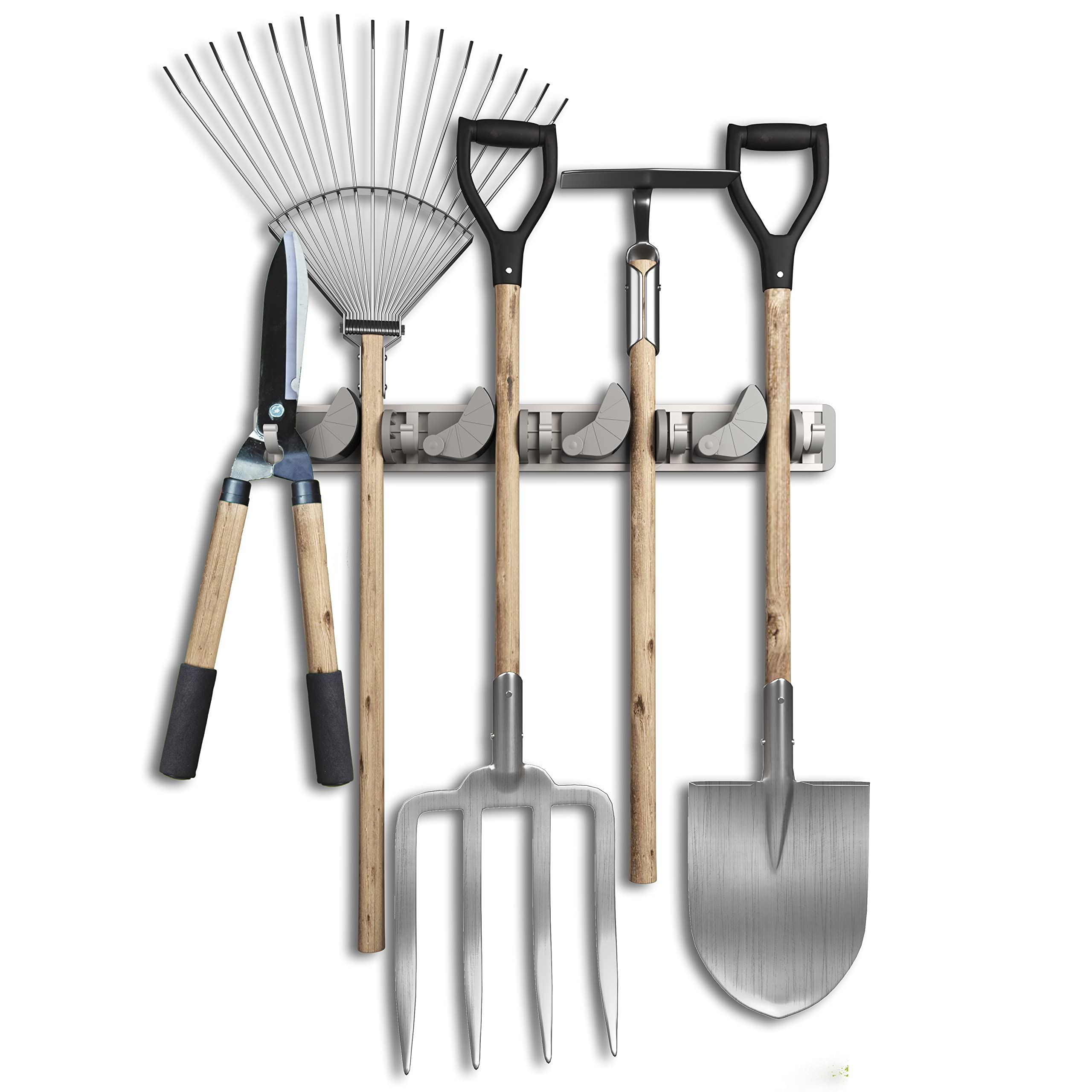 Space-saving tool holder [set of 2] - aluminium profile with 4 individually positionable brackets and 5 hooks [for brooms, garden tools, tools] - ideal in garage, workshop and garden