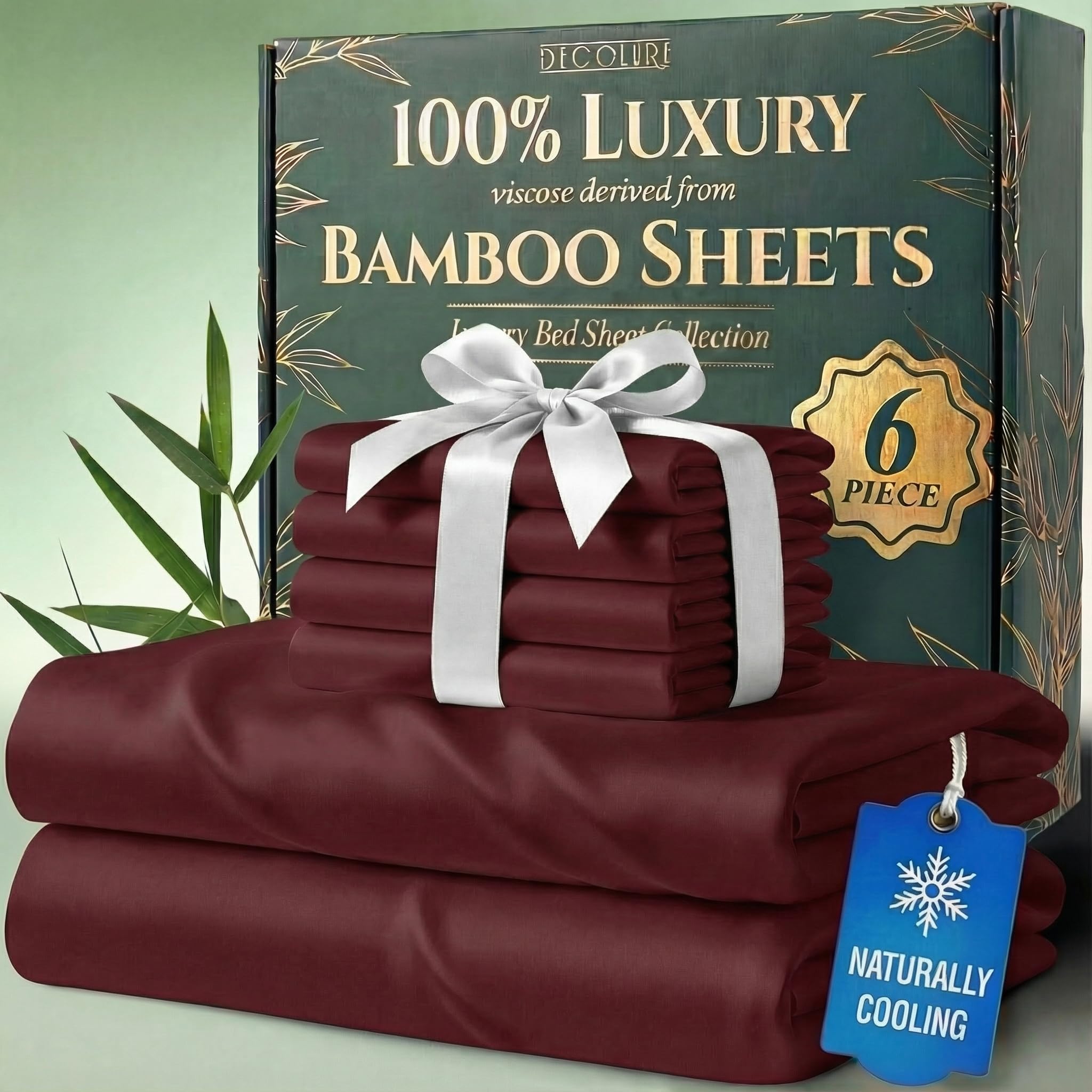 Photo 1 of DECOLURE 100% Viscose Derived from Bamboo Sheets California King Size - Luxury 6 Pc Naturally Cooling Sheets, Ultra Soft Bed Set - Deep 17" Pockets, Double Stitching, Oeko Tex Standard (Burgundy)