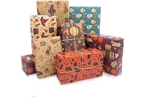 MAMUNU Halloween Wrapping Paper - 12 Sheets Folded Kraft Gift Wrapping Paper Set - Pumpkin Ghost Bat and Witch Hat Designs - Gift Wrap Paper for Party Decor DIY Art Crafts - 20"×28"