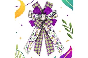 Hying Large Mardi Gras Bows for Wreath, Mardi Gras Fleur de Lis Wreath Bows Glitter Purple Grid Bows Fat Tuesday Tree Bows Ornaments for Front Door Home New Orleans Carnival Decorations