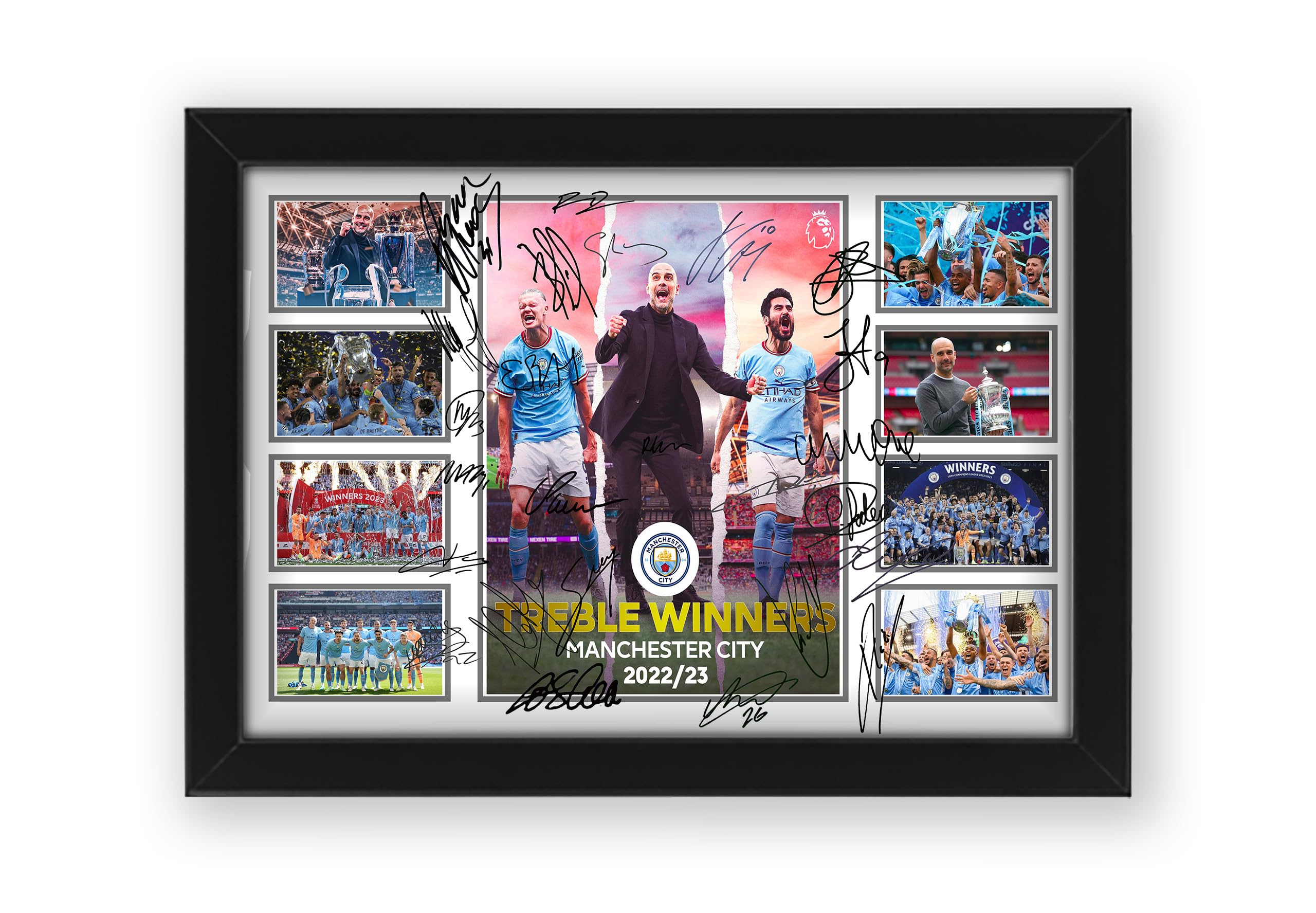 AllStarMedia Manchester City Treble Winning Champions Autograph Poster Print - Signed Limited Edition Man City Collectors Merchandise For Football Supporters (Framed, A4 (30x20cm)), Multicolor