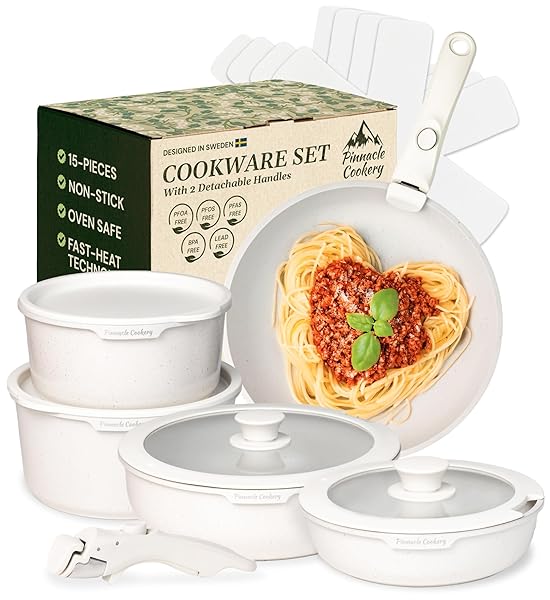 PINNACLE COOKERY 15-PIECE WHITE GRANITE NONSTICK COOKWARE SET...