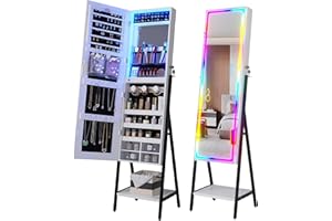 HNEBC RGB LED Mirror Jewelry Cabinet,Standing Jewelry Armoire Organizer Full Length Mirror with Storage, Lockable Jewelry Mirror for Women's Christmas Gift, 14 Lighting Modes (RGB-White)