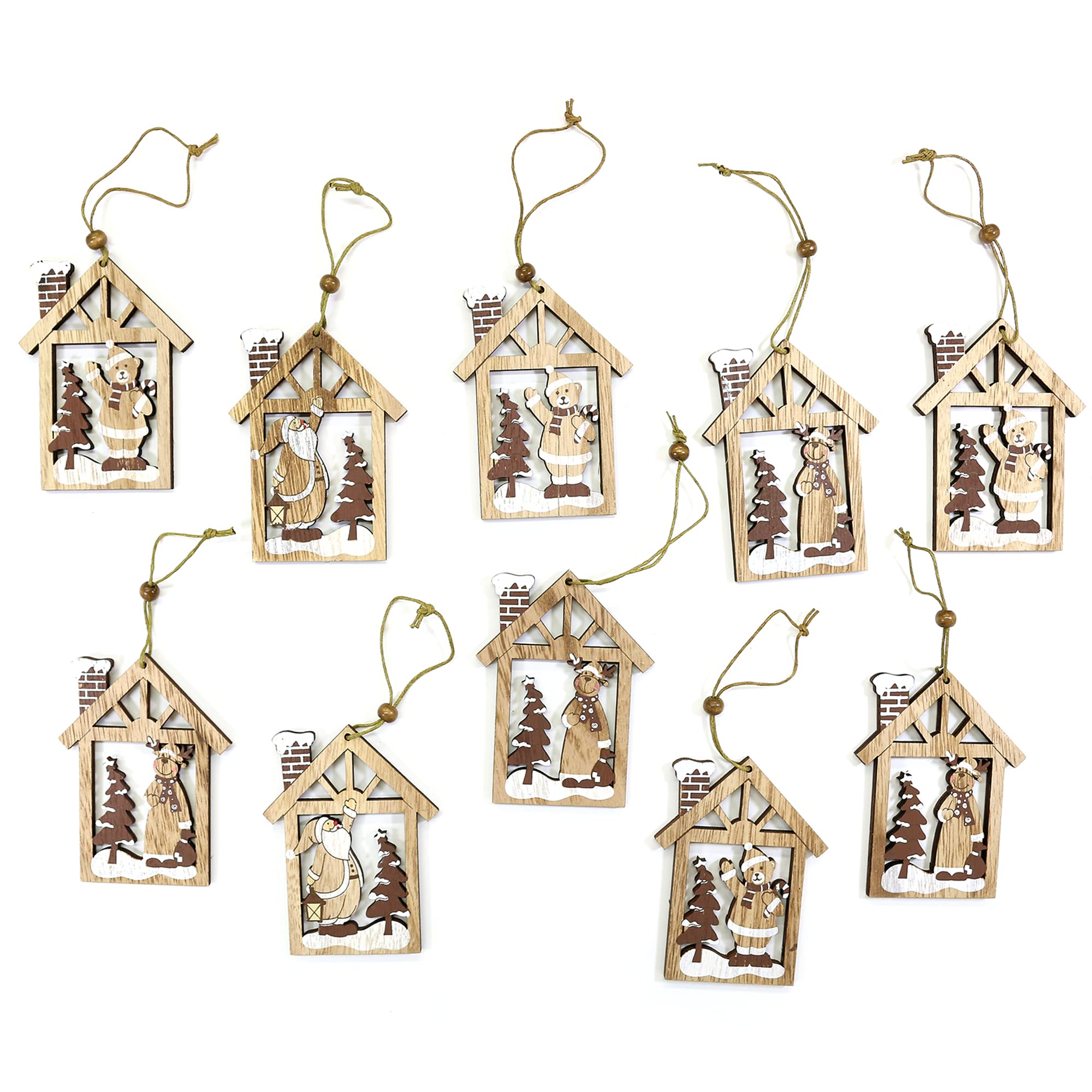 Robelli 10pc Natural Wooden Rustic Christmas Tree houses Hanging Decoration Baubles - Bear, Reindeer, Santa