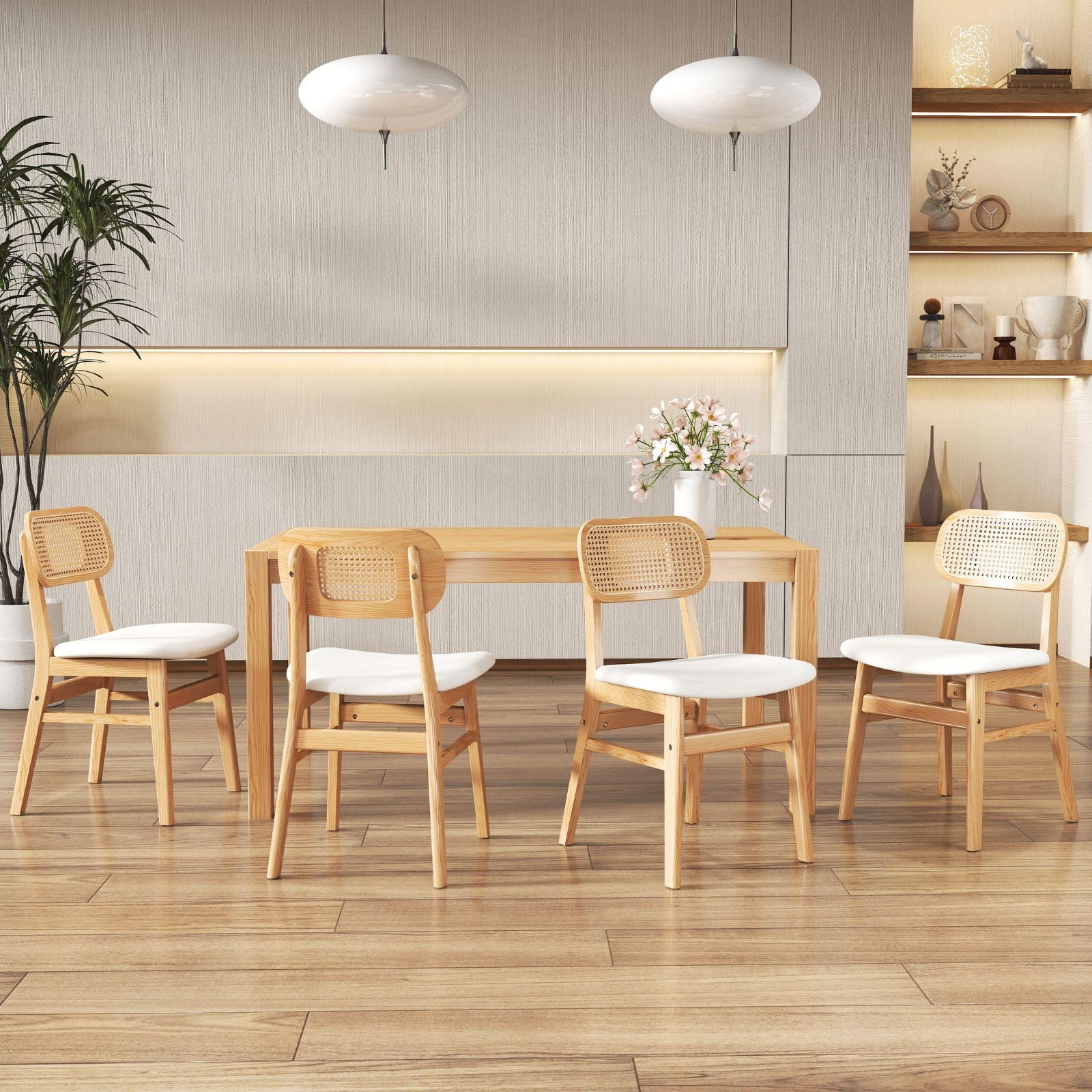 Photo 1 of ** ONLY 2**
 ROCITY Rattan Dining Chairs Set of 4 White Lambswool Dining Room Chairs Natural Wooden Kitchen Chairs Farmhouse