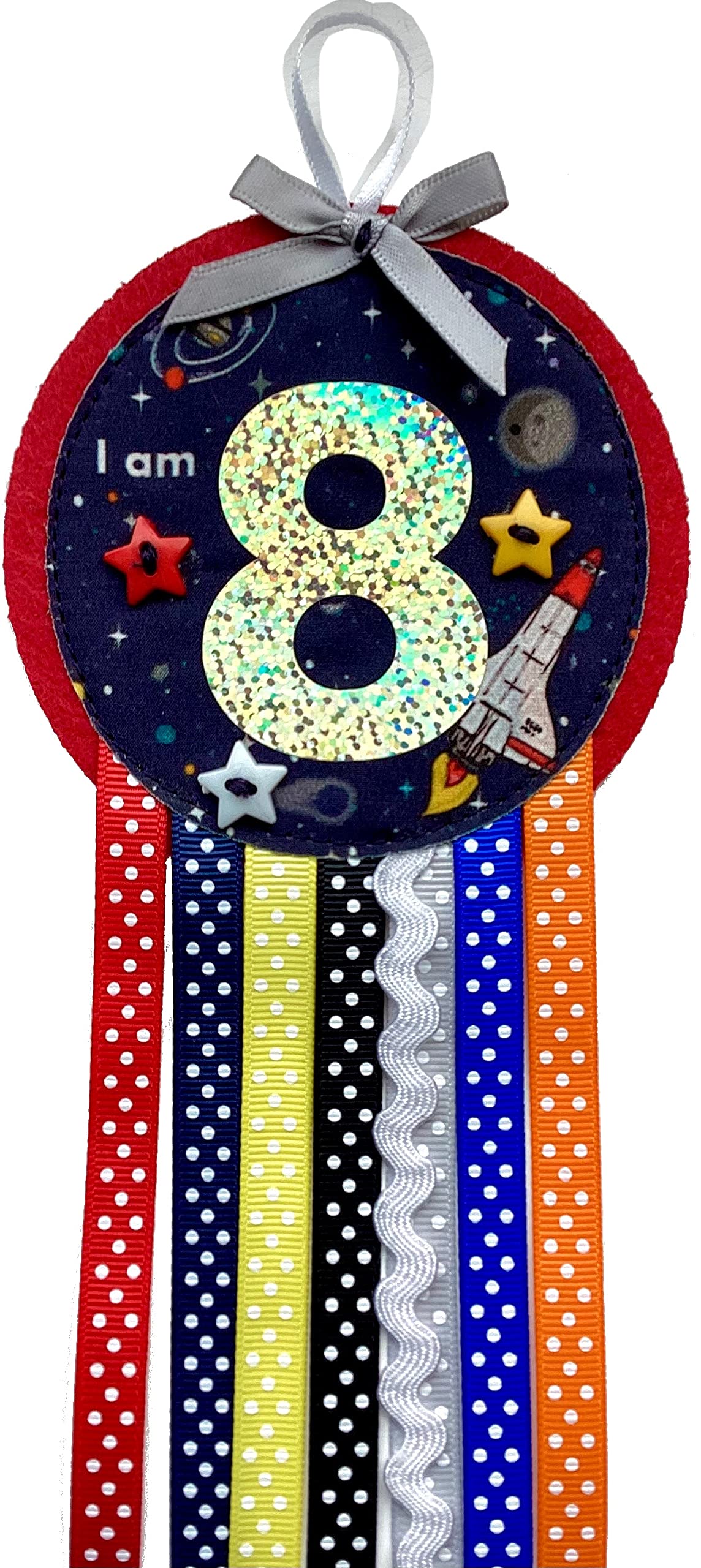 Ditsy Rosettes Space Shuttle Rockets Birthday Rosette Badge - Age 3, 4, 5, 6, 7, 8, 9 - Perfect Party Gift card – Birthday Boy, Birthday Girl (Age 8)