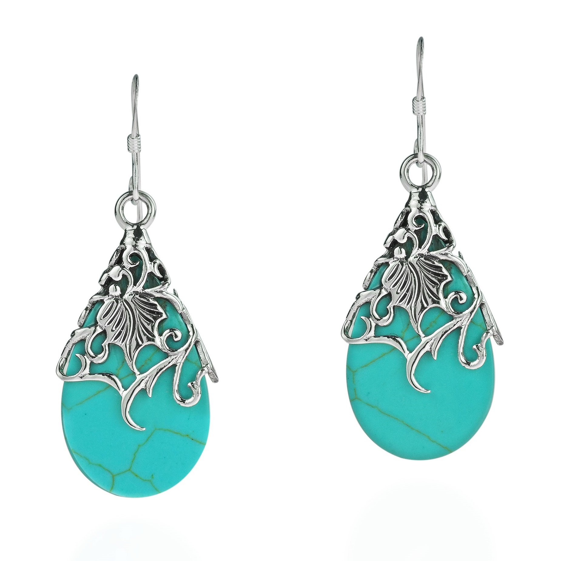 Floral Vine Ornate Teardrop Simulated Turquoise .925 Sterling Silver Dangle Earrings