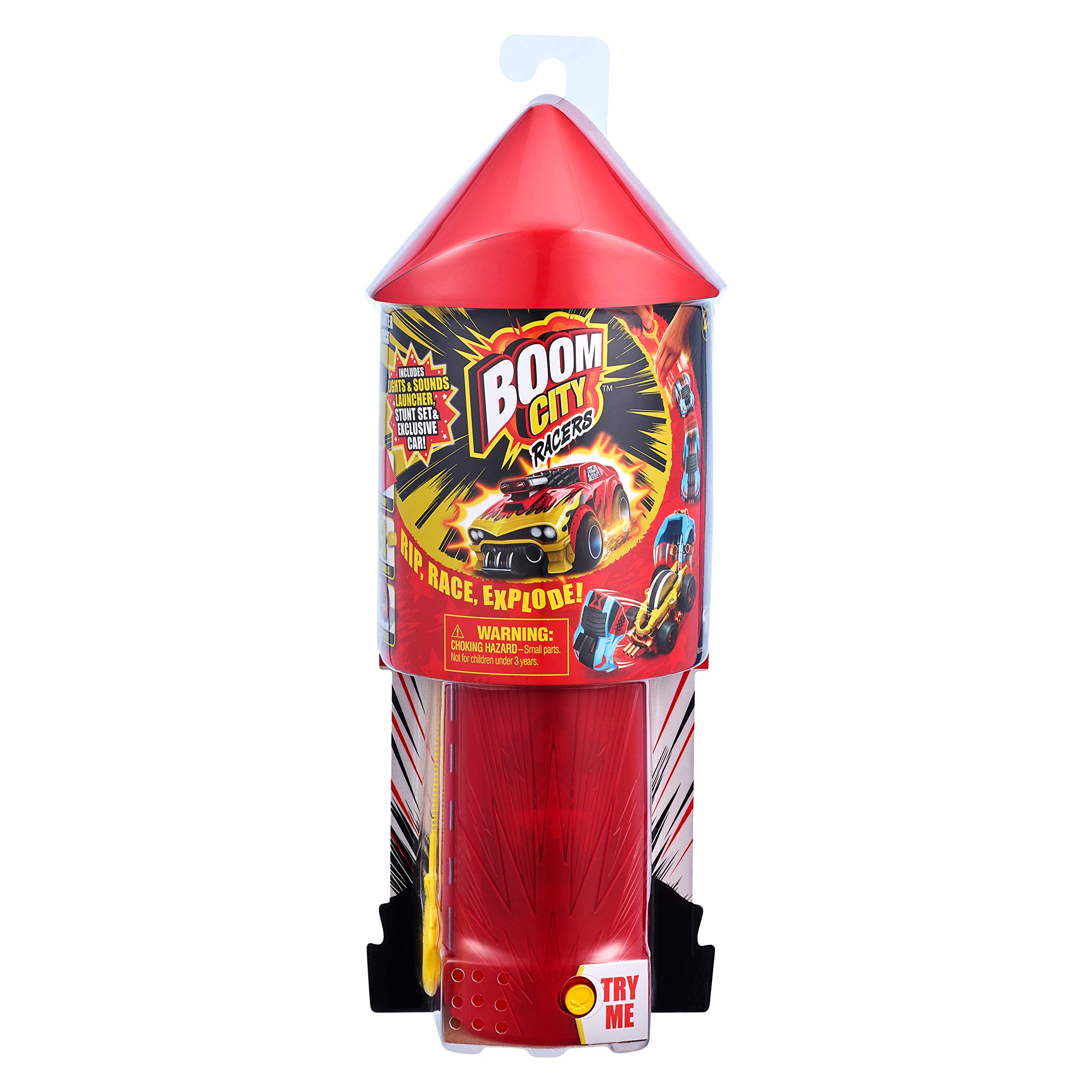 Boom City Racers Starter Pack - Stunt Set with Launcher, Lights & Sounds - Rip, Race, Explode Collactable Toy Car Game including 'Hot Dawg!"