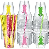 Patelai 90 Set Easter Plastic Cups Bulk 12 oz Disposable Easter Bunny Rabbit Clear Party Cups with Lids and Straws for Party Favors Snacks Drinks Kids Adults