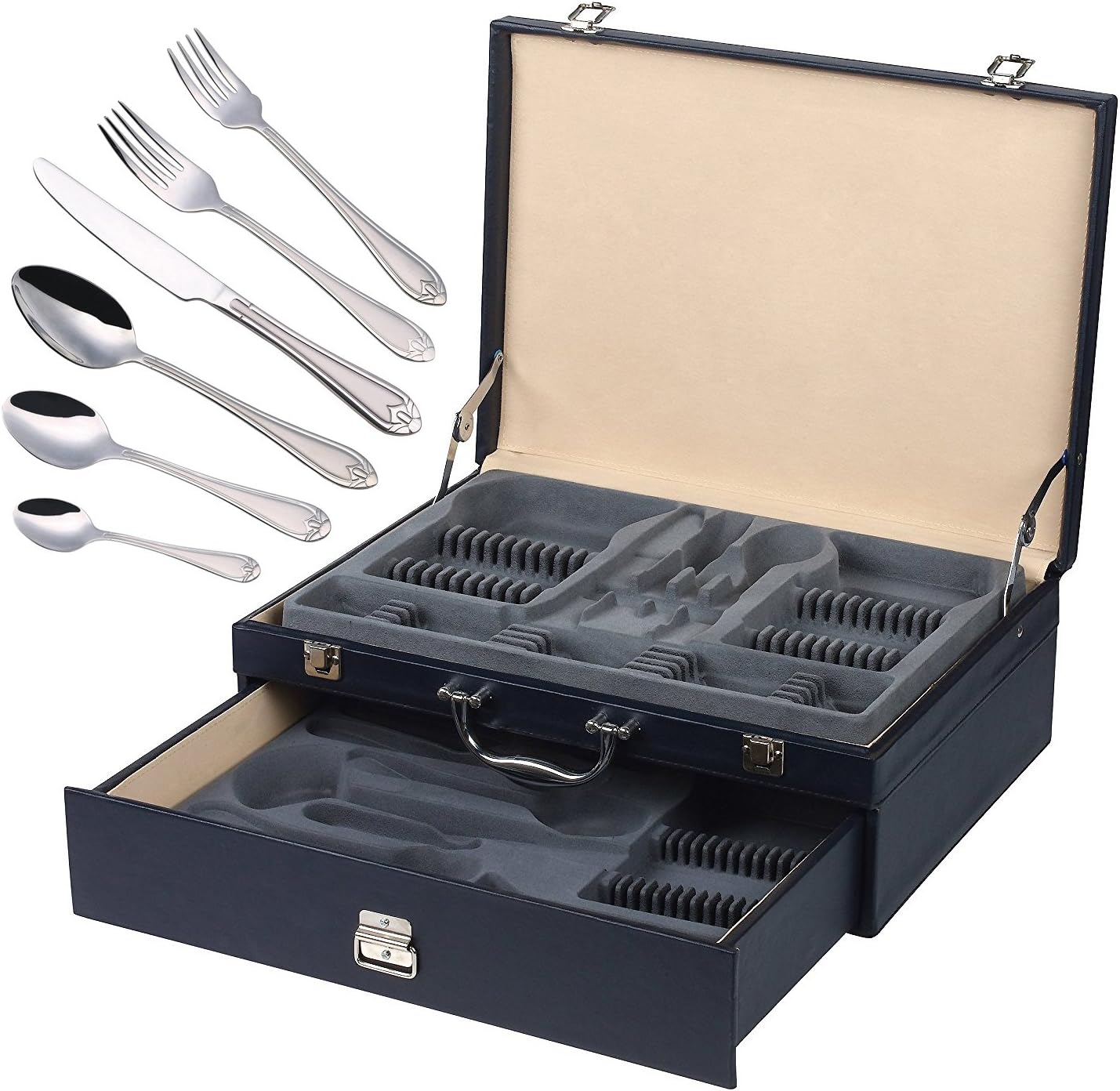 Italian Collection 'Lorena Platinum' 84-Pc Flatware Set w/Leather Storage Case, Dining Cutlery Service for 12, 24K Gold plated 18/10 Stainless Steel Hostess Serving Set in a Chest