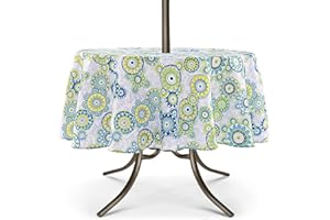 UMINEUX Outdoor Tablecloth with Umbrella Hole and Zipper, Spring/Summer Waterproof Table Cover for Picnic/BBQ/Garden(60" Round,Blue&Green)