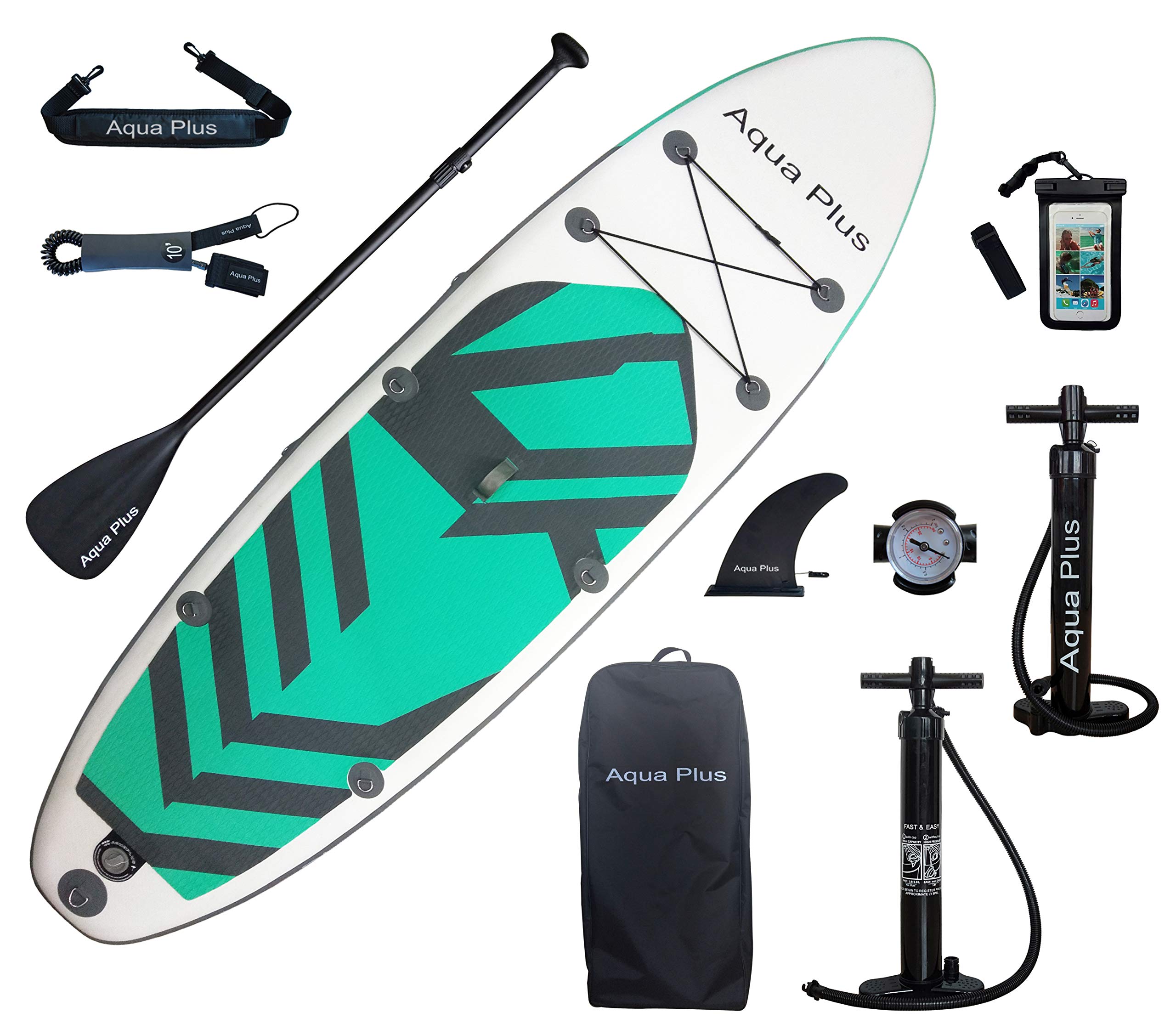 Aqua Plus 11ftx33inx6in Inflatable SUP for All Skill Levels Stand Up Paddle Board, Adjustable Paddle,Double Action Pump,ISUP Travel Backpack, Leash,Shoulder Strap,Youth & Adult Inflatable Paddle Board