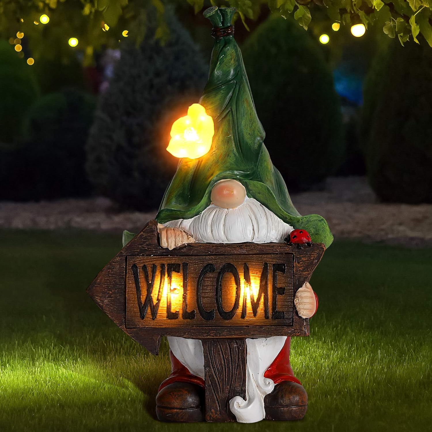 Garden Gnome Statue,Green Hat Welcome Resin Statue with Solar LED Lights,Garden Figurines for Gnomes Garden Decorations,Patio Yard Lawn Ornaments Gift