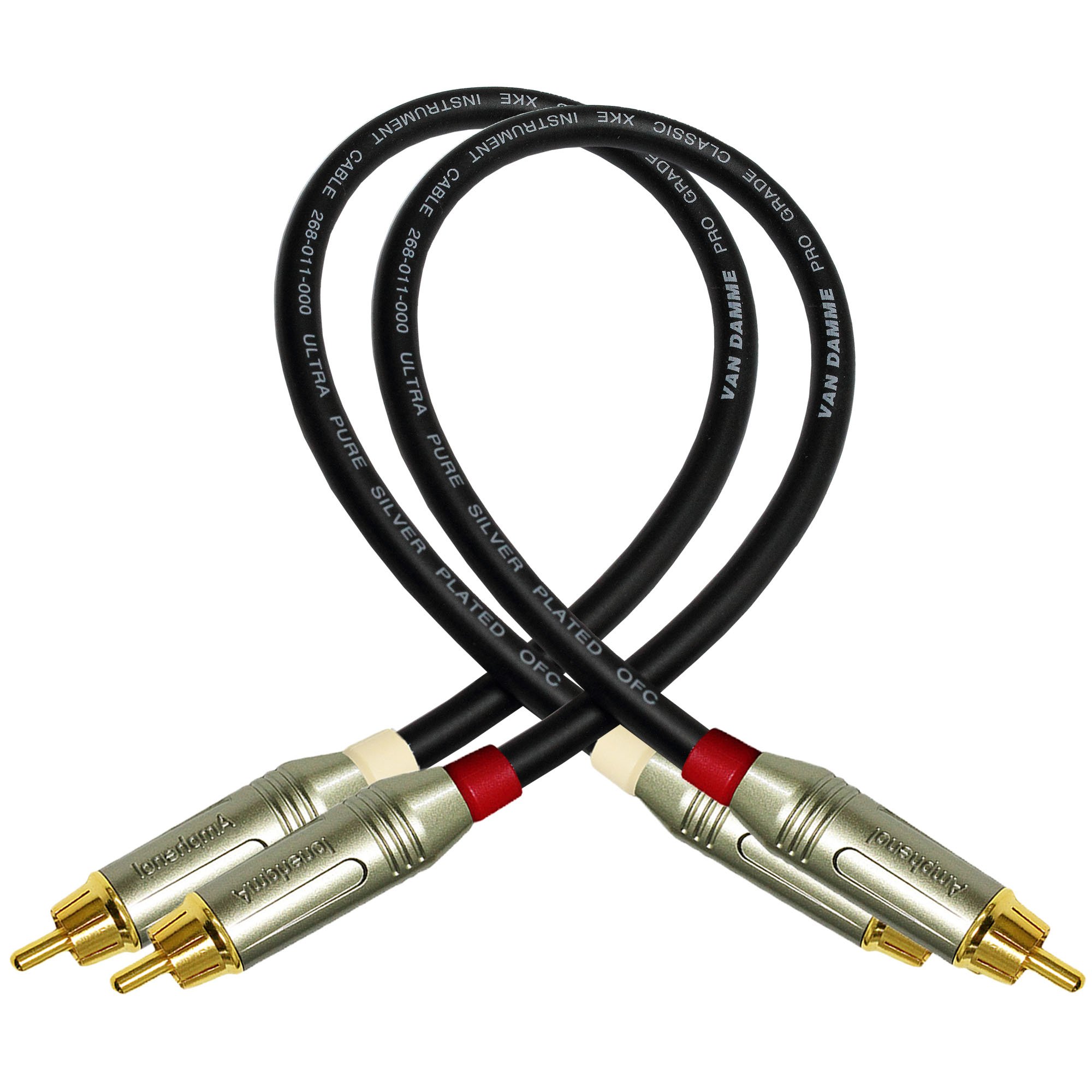 30 cm RCA Cable Pair - Van Damme Pro Grade Classic XKE Instrument (Jet Black), Audio Interconnect Cable with Amphenol ACPR Die-Cast, Gold Plated RCA Connectors