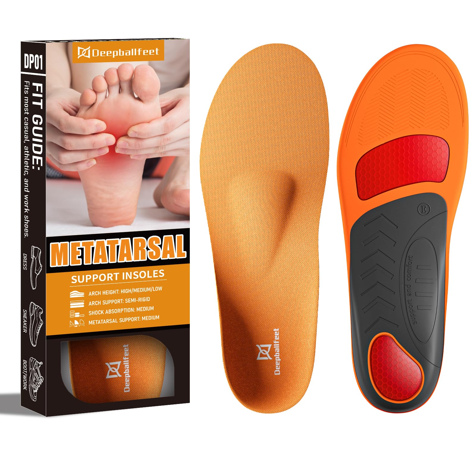 Photo 1 of *USED*
Deepballfeet Arch Support Insoles with Metatarsal Pads, Orthotic Inserts for Metatarsalgia, Morton's Neuroma, Plantar Fasciitis, Ball of Foot Pain Relief, Man Women Insole for Standing All Day-D