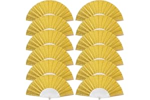SIISSAPEKSID 12 Pack Handheld Fan,Folding Hand Glitter Fan with Shining Transparent Fan Rib – Ideal for Wedding, Church, Festival, Dance, Tea Party, Club, and EDM Accessories, Yellow