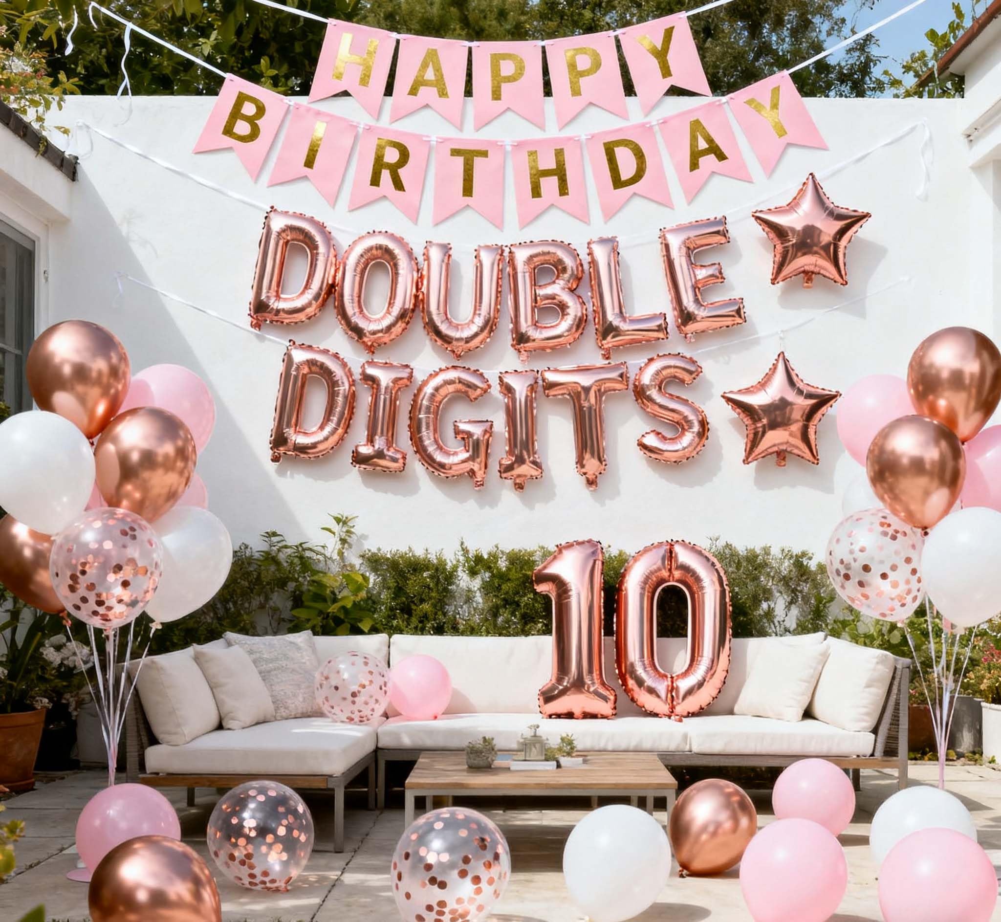 Photo 1 of 10th Birthday Decorations for Girls Double Digits Pink Banner Rose Gold 10 Foil Star Balloon Confetti Balloons for Girls Cheers to 10 Years Old Birthday Supplies(10th)